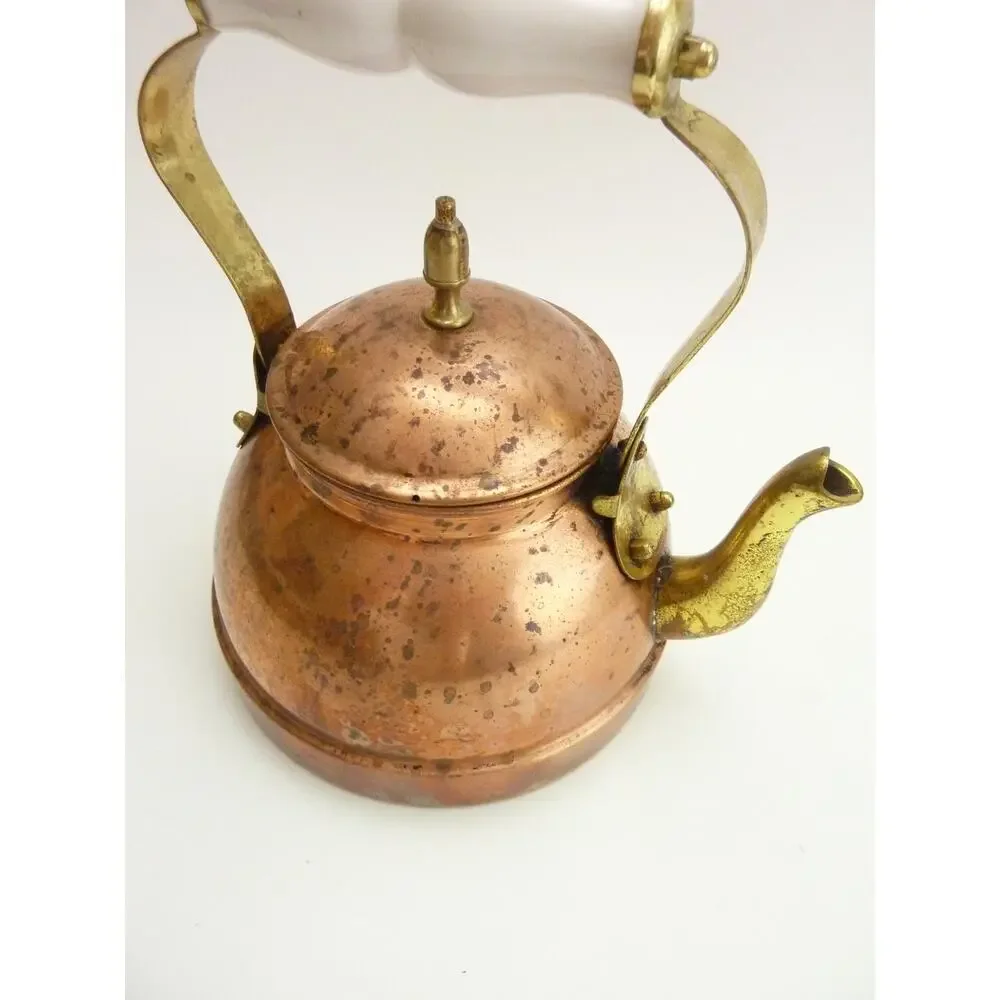 Vintage Copper Tea Kettle Brass White Ceramic Handle Grip Rustic Farmhouse Pots